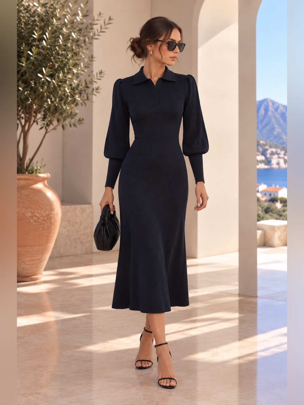 Commense Navy Wool Blend Leg-of-Mutton Sleeve Midi Dress S | Sold Out